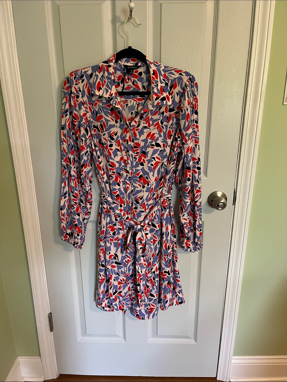Well Worn Button-Front Long Sleeve Dress in Red, Blue & White